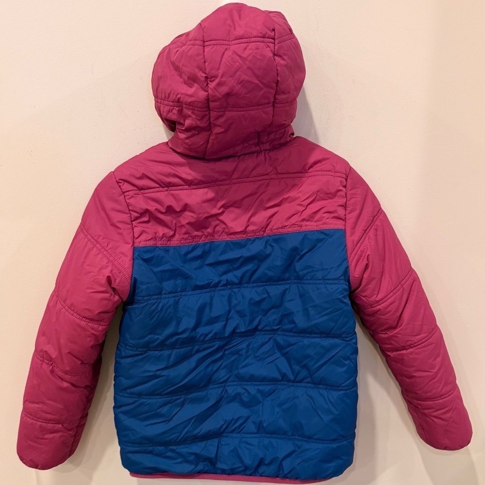 Eddie Bauer Kids Reversible Puffer Jacket Pink Blue Fleece Lined Hooded M 10/12 - Picture 3 of 9
